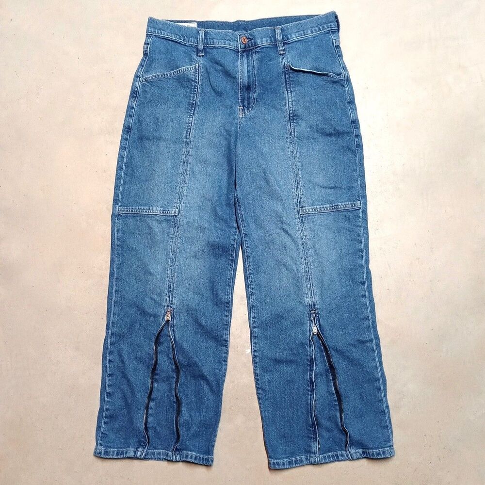 GAP 90s Loose Mid Rise Jeans Size 12S / 31 Wide Leg Stretch Denim Zip Legs